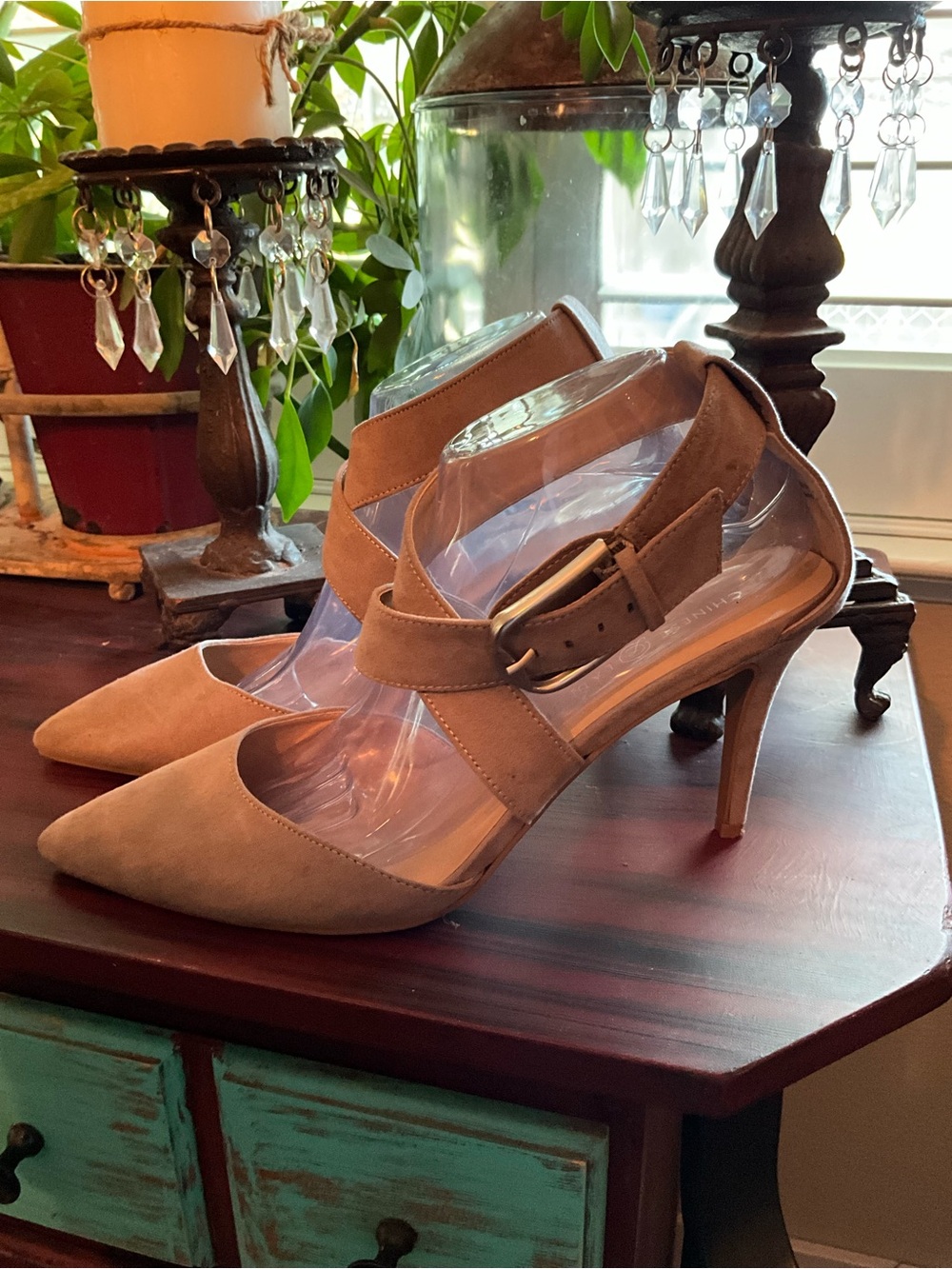 Pointed Toe Ankle Strap Suede Pumps in Taupe